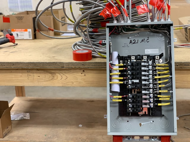 Boxed electric panel with wires and connections