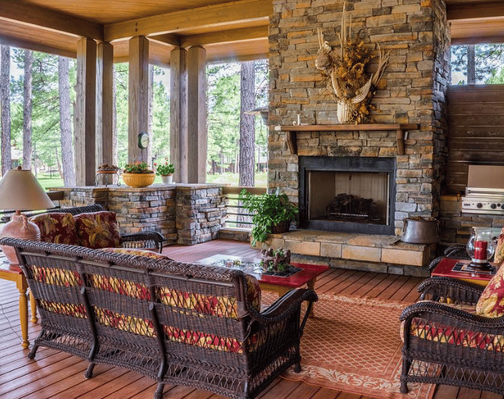 a fireplace in the lounge